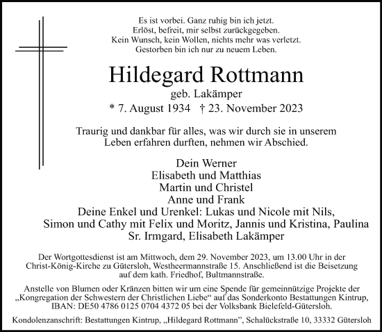 Traueranzeige von Hildegard Rottmann von Neue Westfälische