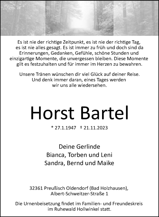 Traueranzeige von Horst Bartel von Neue Westfälische