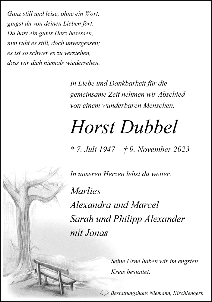  Traueranzeige für Horst Dubbel vom 25.11.2023 aus Neue Westfälische