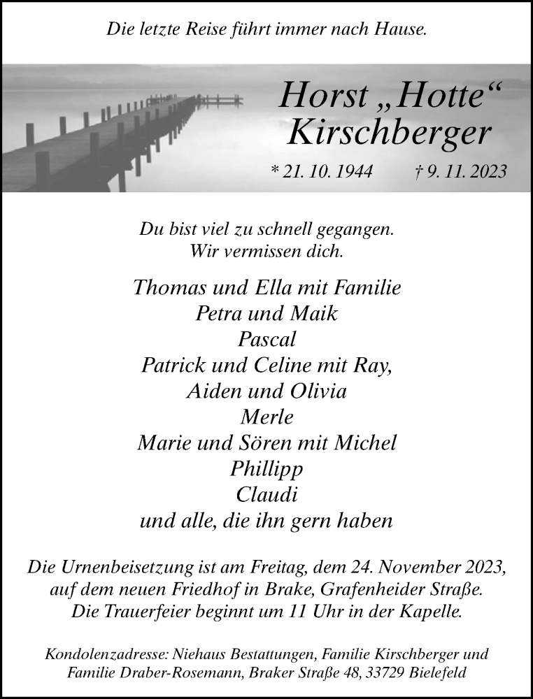  Traueranzeige für Horst Kirschberger vom 18.11.2023 aus Neue Westfälische