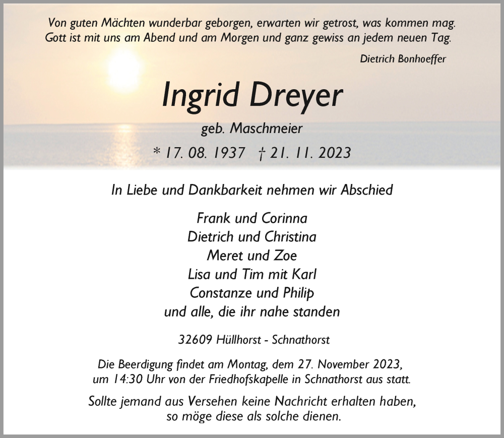 Traueranzeige für Ingrid Dreyer vom 24.11.2023 aus Neue Westfälische