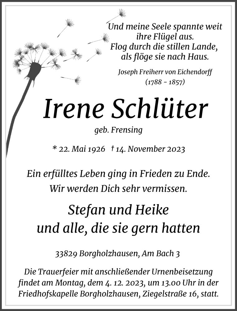  Traueranzeige für Irene Schlüter vom 25.11.2023 aus Neue Westfälische