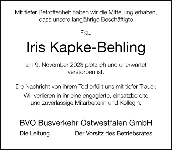 Traueranzeige von Iris Kapke-Behling von Neue Westfälische