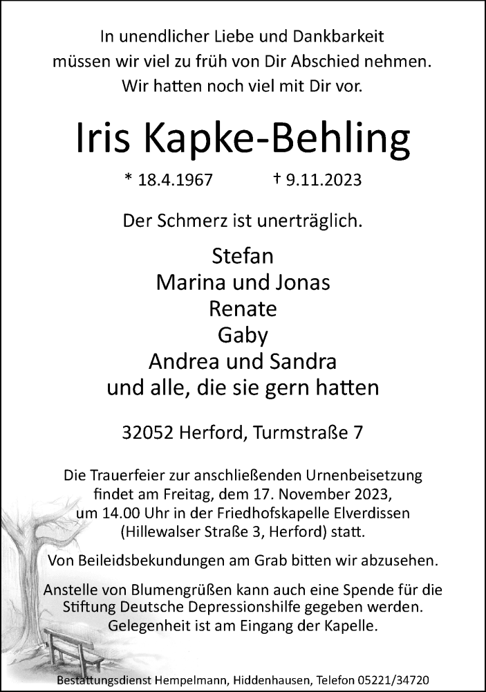  Traueranzeige für Iris Kapke-Behling vom 14.11.2023 aus Neue Westfälische