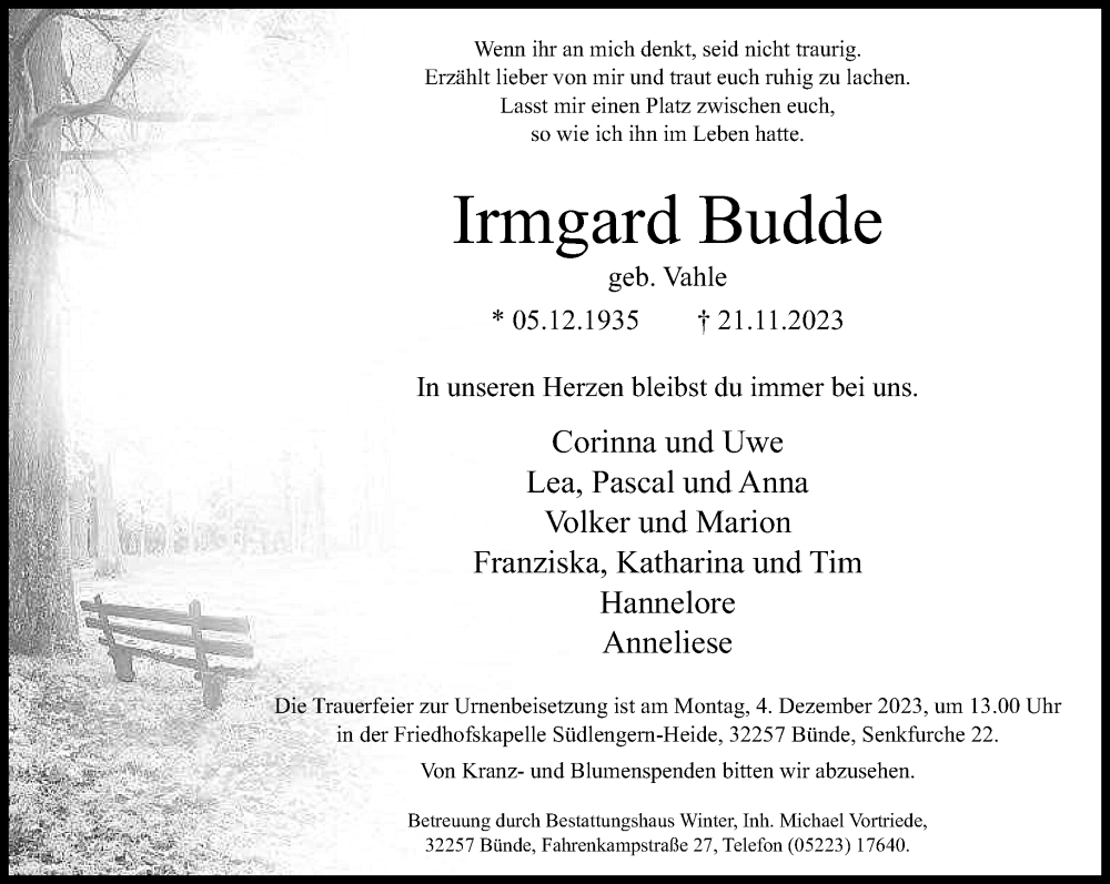  Traueranzeige für Irmgard Budde vom 25.11.2023 aus Neue Westfälische