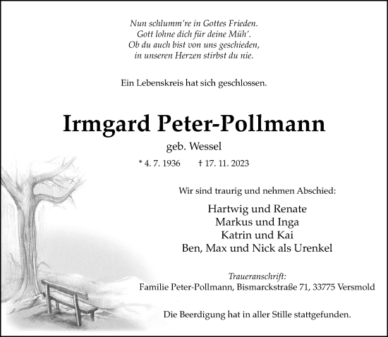 Traueranzeige von Irmgard Peter-Pollmann von Neue Westfälische