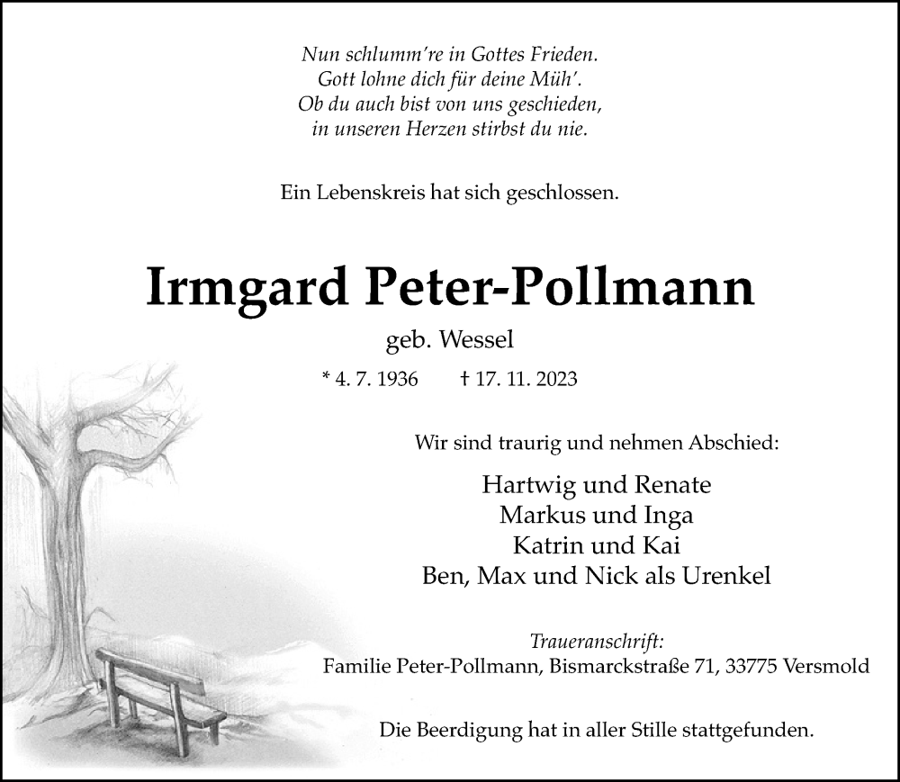  Traueranzeige für Irmgard Peter-Pollmann vom 23.11.2023 aus Neue Westfälische