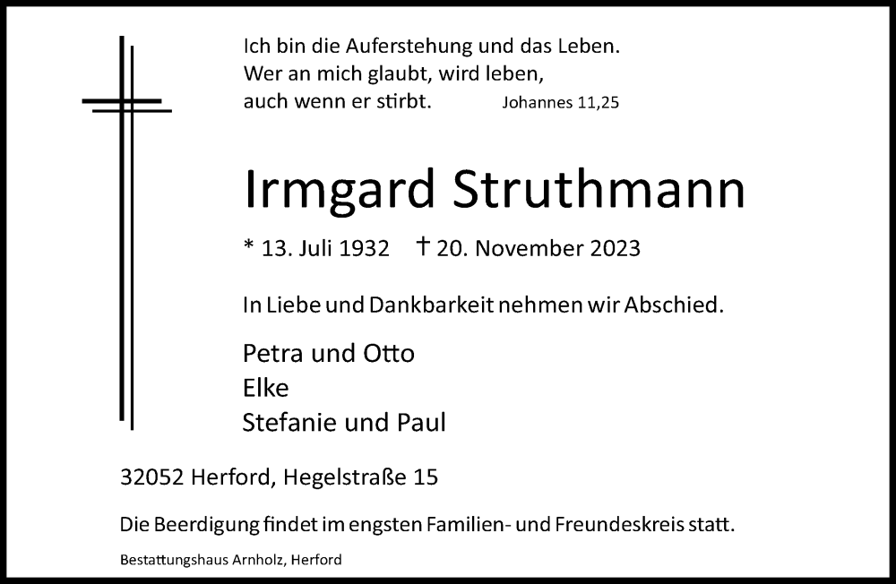 Traueranzeige für Irmgard Struthmann vom 25.11.2023 aus Neue Westfälische