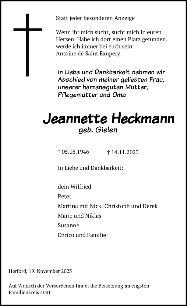  Traueranzeige für Jeannette Heckmann vom 21.11.2023 aus Neue Westfälische