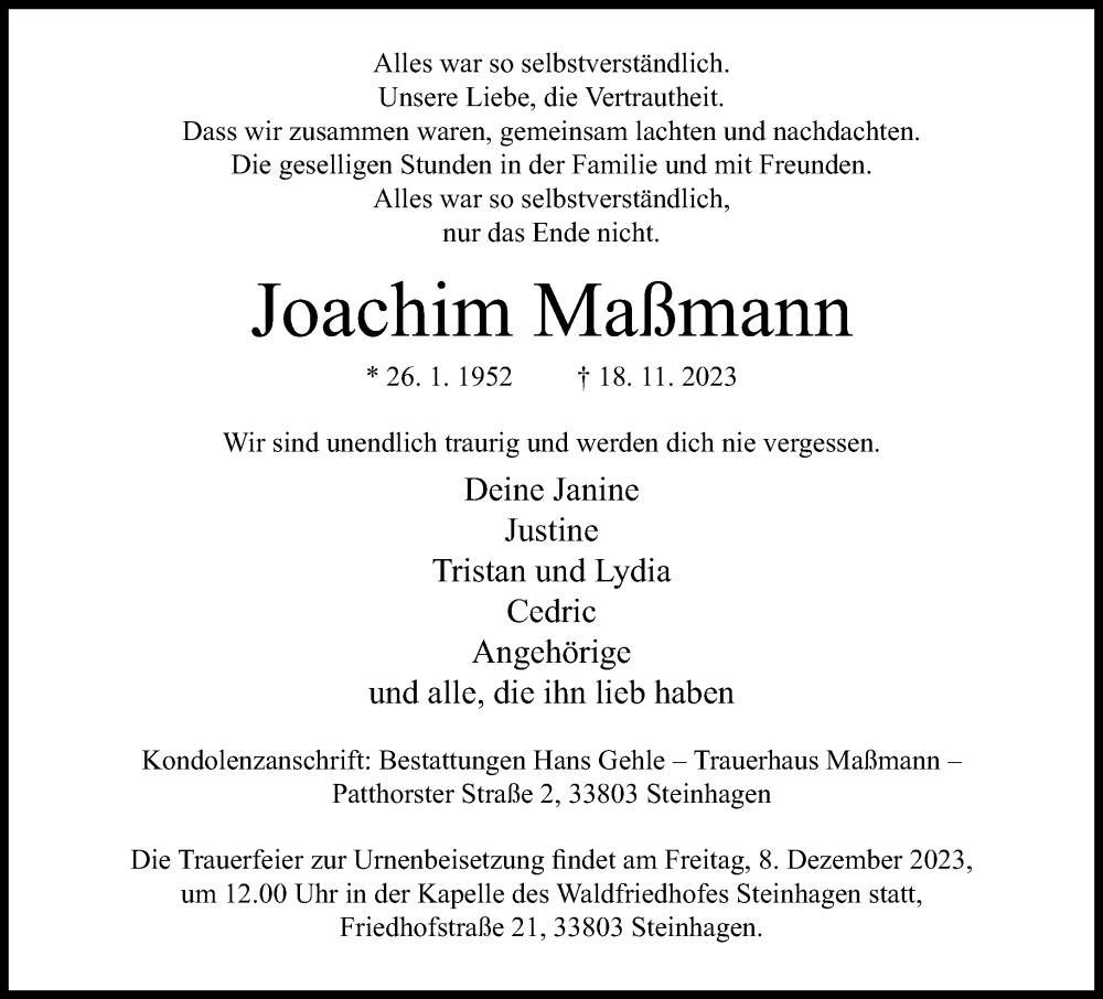  Traueranzeige für Joachim Maßmann vom 25.11.2023 aus Neue Westfälische