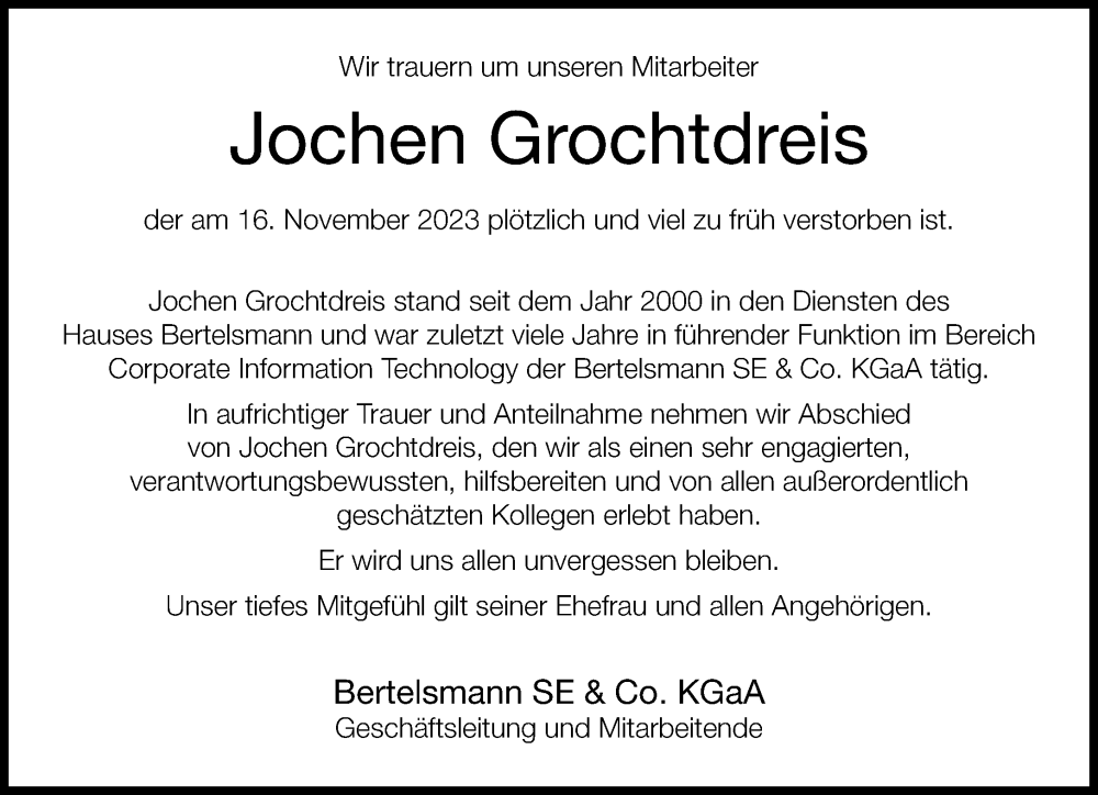  Traueranzeige für Jochen Grochtdreis vom 23.11.2023 aus Neue Westfälische