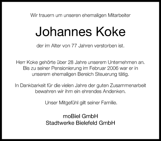 Traueranzeige von Johannes Koke von Neue Westfälische
