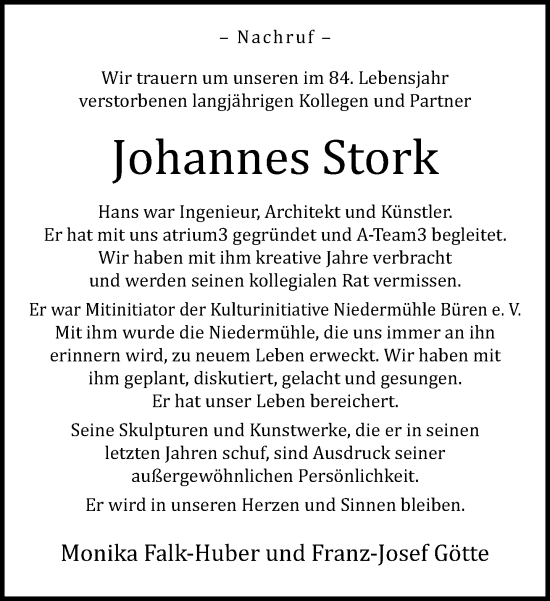 Traueranzeige von Johannes Stork von Neue Westfälische