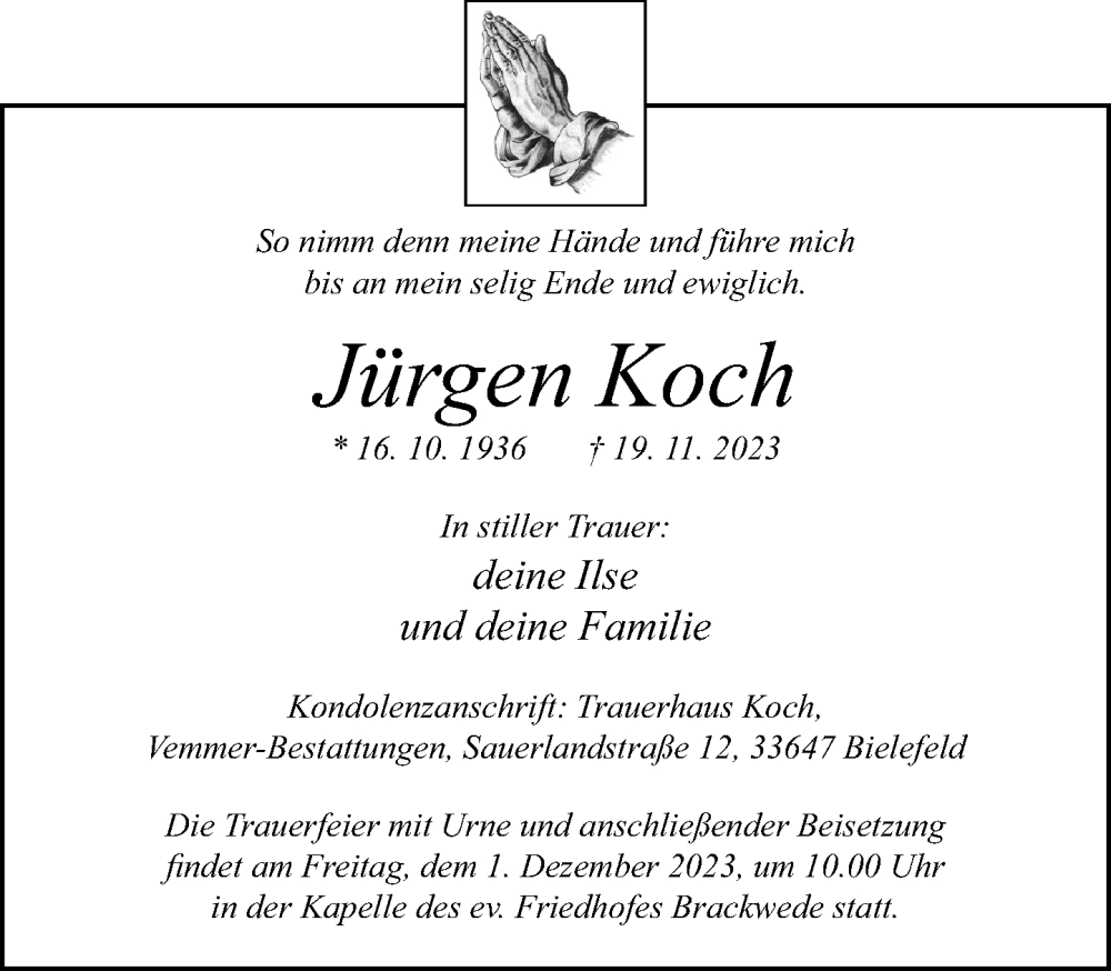  Traueranzeige für Jürgen Koch vom 25.11.2023 aus Neue Westfälische