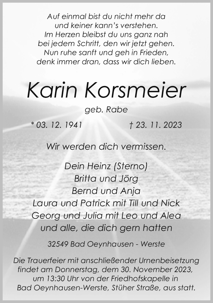  Traueranzeige für Karin Korsmeier vom 25.11.2023 aus Neue Westfälische