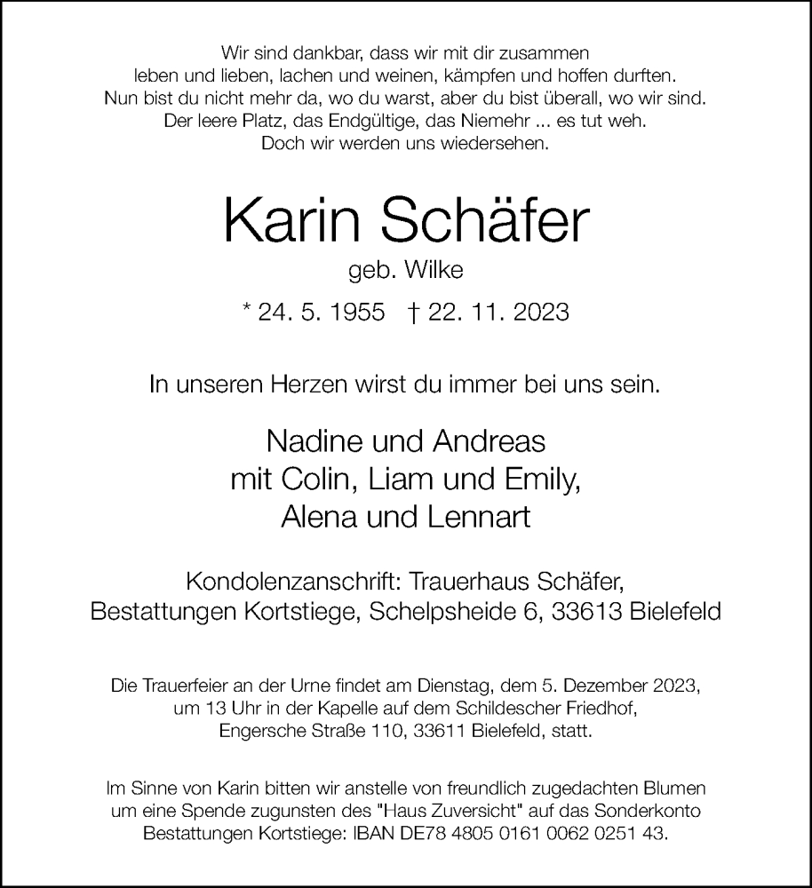  Traueranzeige für Karin Schäfer vom 25.11.2023 aus Neue Westfälische