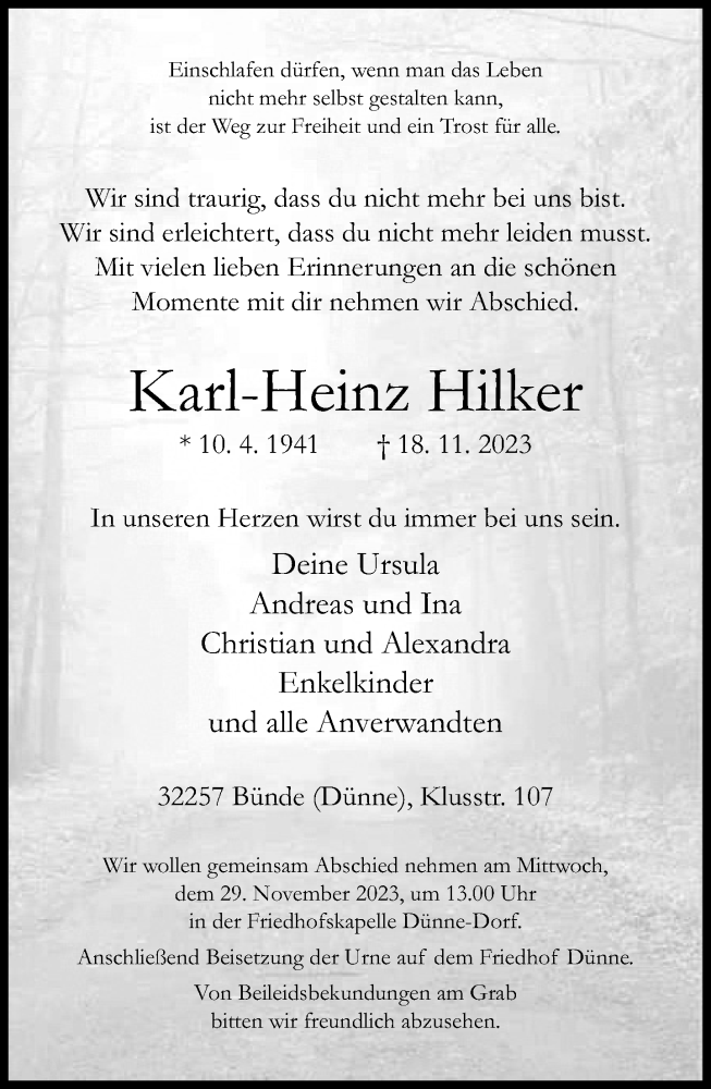  Traueranzeige für Karl-Heinz Hilker vom 25.11.2023 aus Neue Westfälische