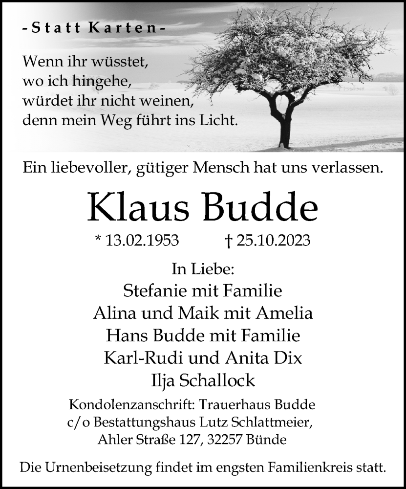  Traueranzeige für Klaus Budde vom 04.11.2023 aus Neue Westfälische