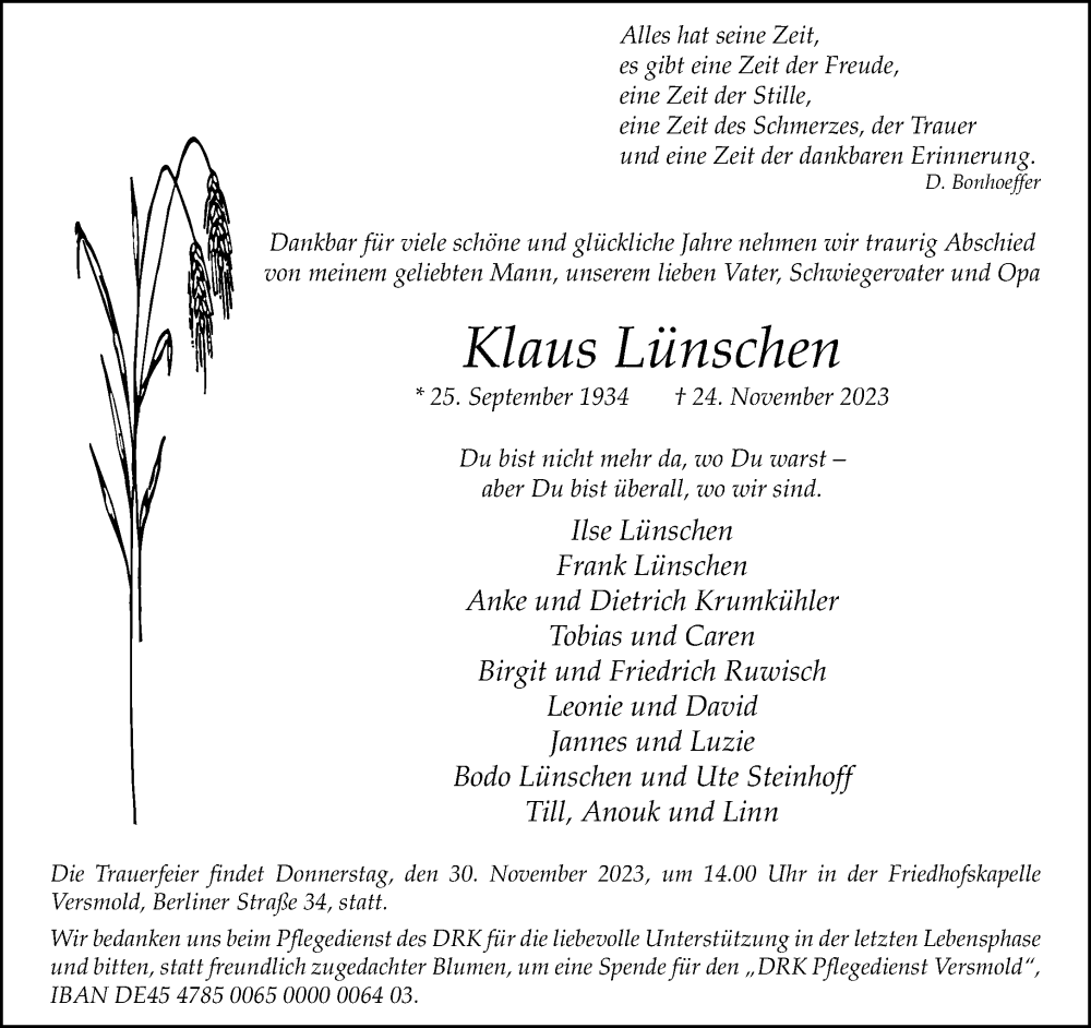  Traueranzeige für Klaus Lünschen vom 28.11.2023 aus Neue Westfälische
