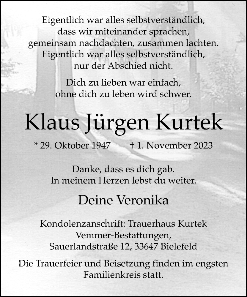  Traueranzeige für Klaus Jürgen Kurtek vom 04.11.2023 aus Neue Westfälische
