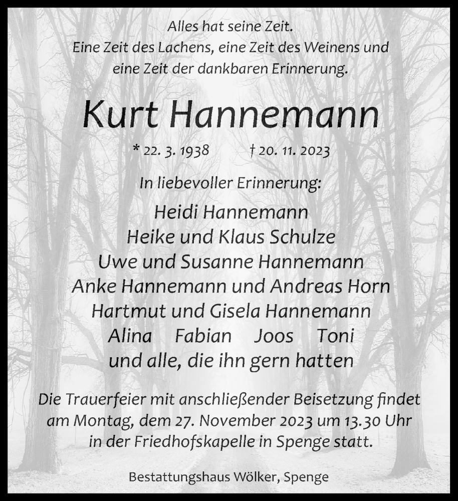  Traueranzeige für Kurt Hannemann vom 25.11.2023 aus Neue Westfälische