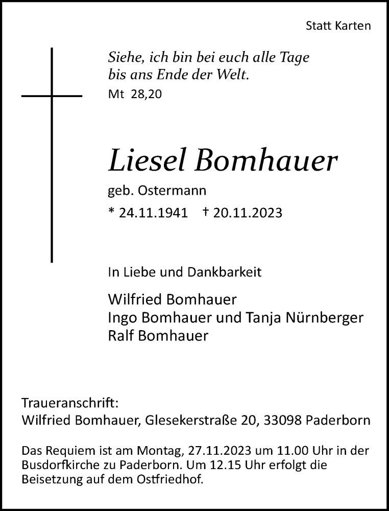  Traueranzeige für Liesel Bomhauer vom 23.11.2023 aus Neue Westfälische