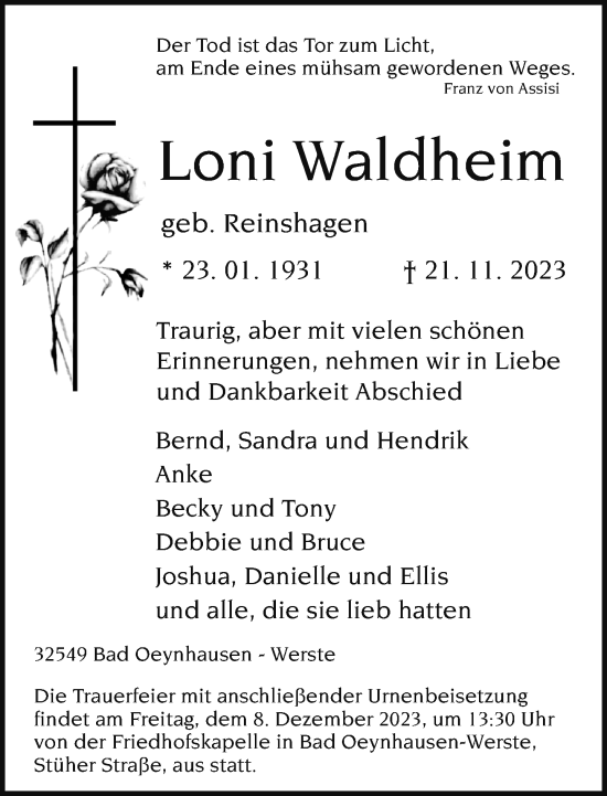 Traueranzeige von Loni Waldheim von Neue Westfälische