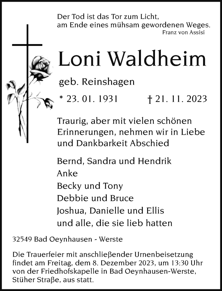 Traueranzeige für Loni Waldheim vom 25.11.2023 aus Neue Westfälische