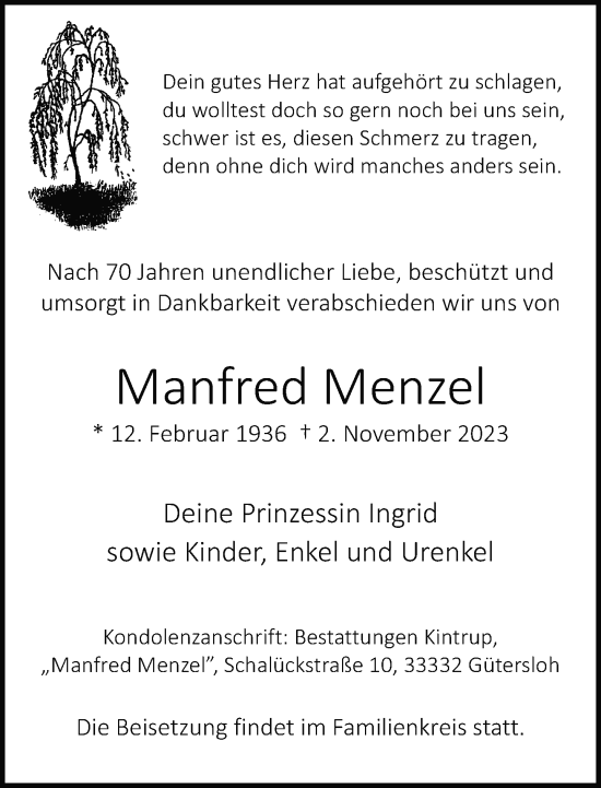 Traueranzeige von Manfred Menzel von Neue Westfälische