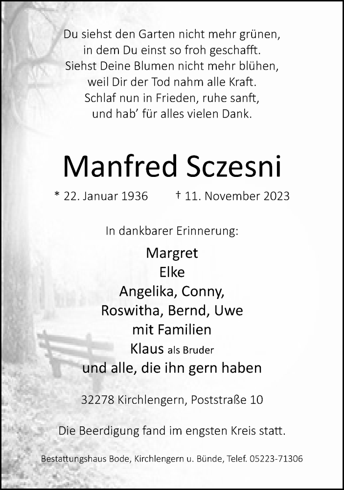  Traueranzeige für Manfred Sczesni vom 18.11.2023 aus Neue Westfälische