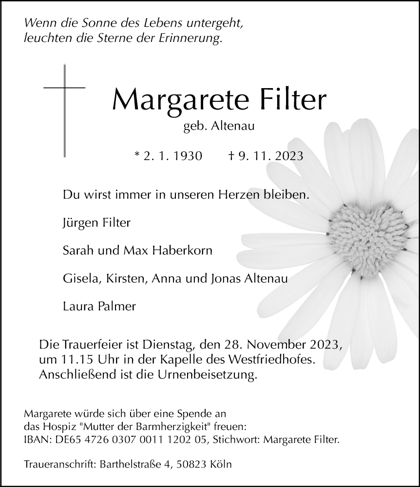 Traueranzeige für Margarete Filter vom 18.11.2023 aus Neue Westfälische