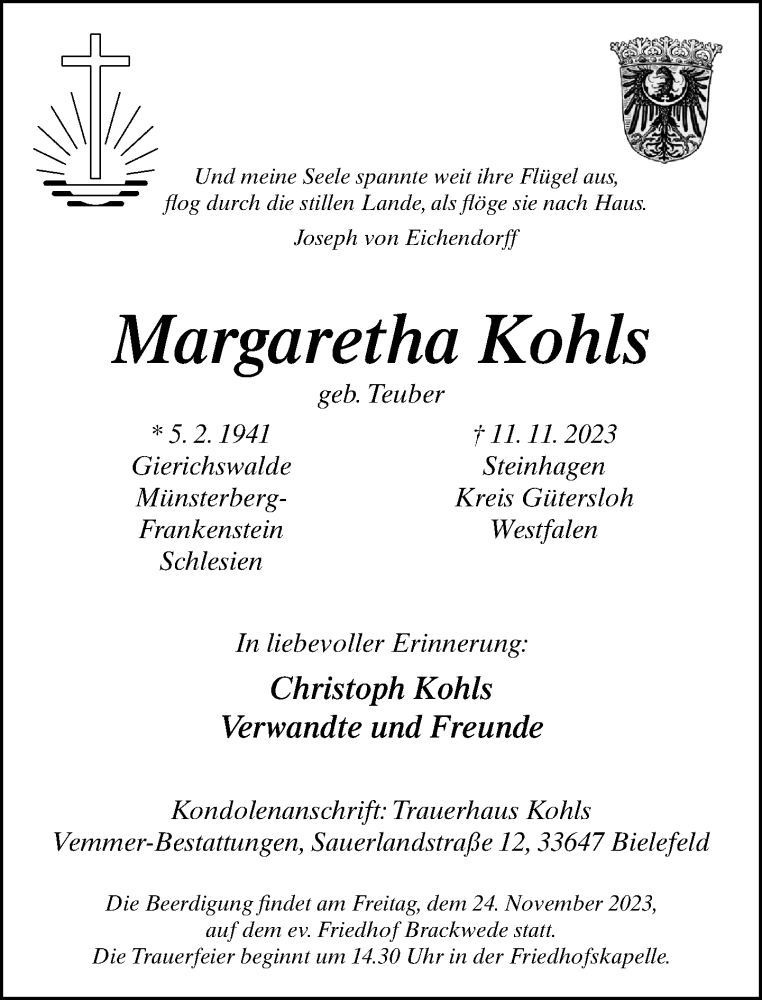  Traueranzeige für Margaretha Kohls vom 18.11.2023 aus Neue Westfälische