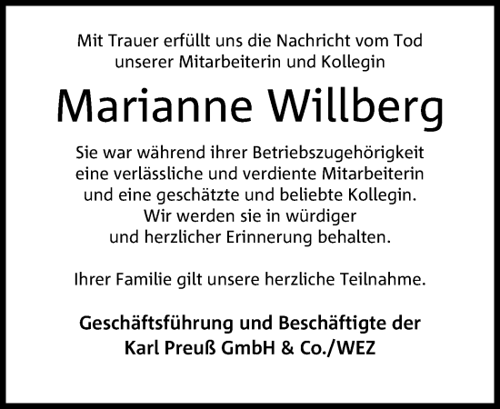 Traueranzeige von Marianne Willberg