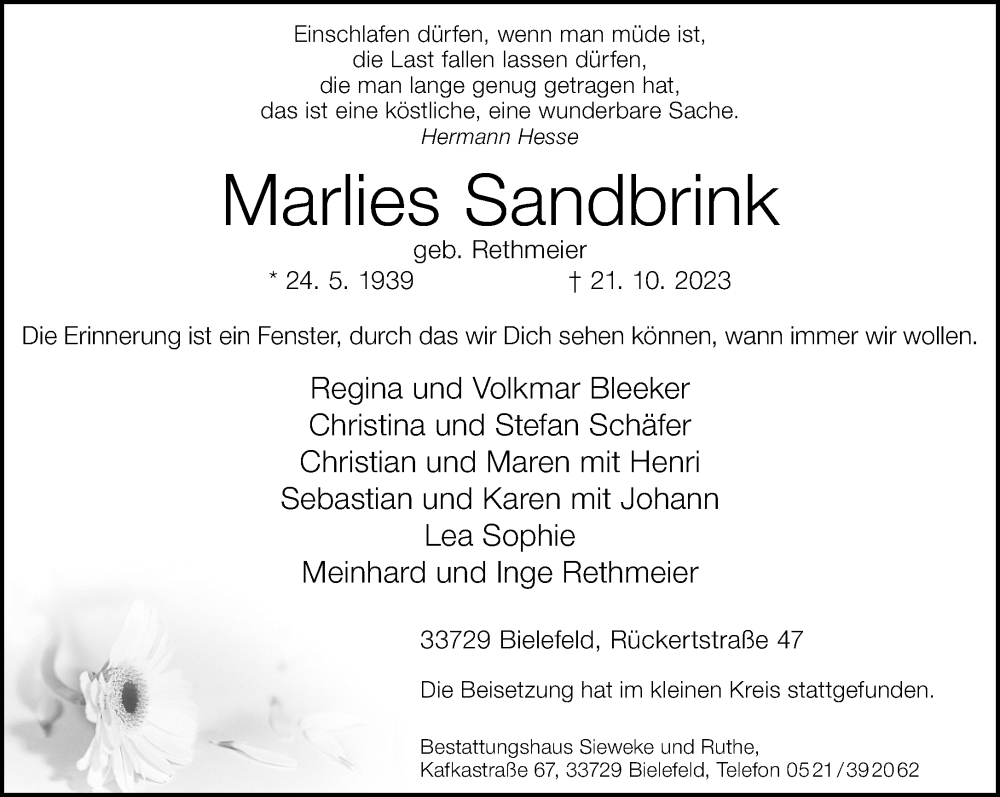  Traueranzeige für Marlies Sandbrink vom 04.11.2023 aus Neue Westfälische
