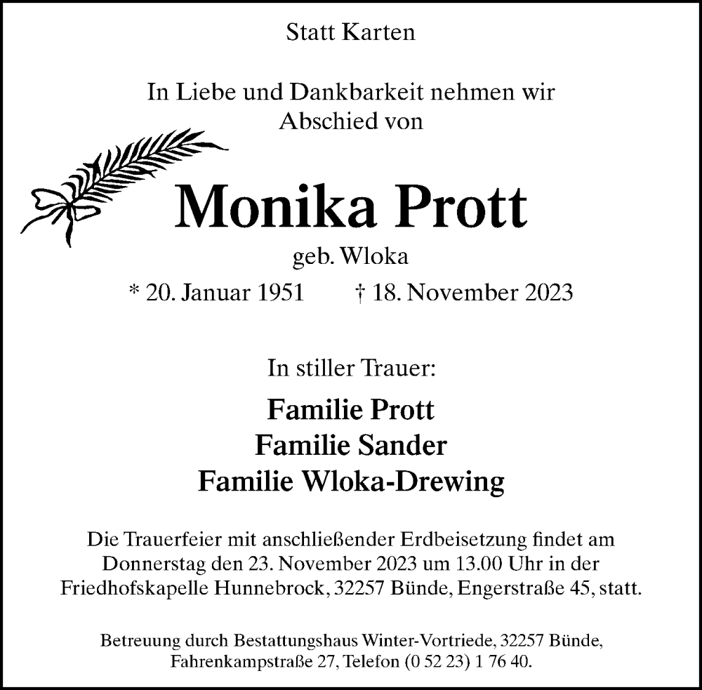  Traueranzeige für Monika Prott vom 21.11.2023 aus Neue Westfälische