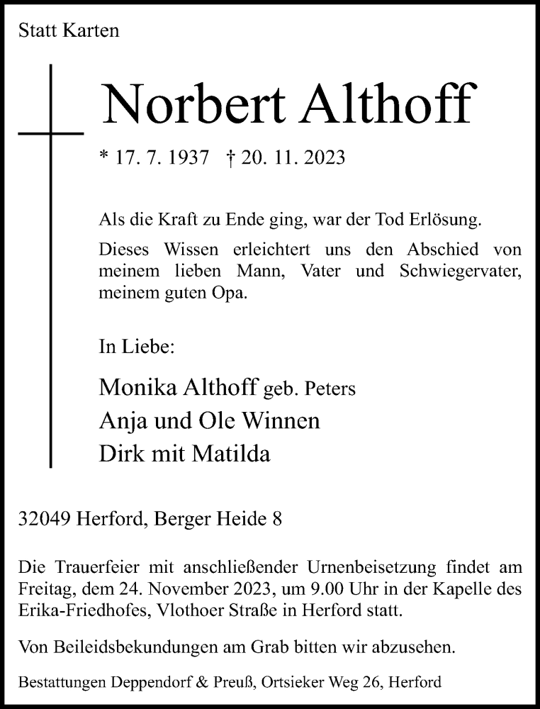  Traueranzeige für Norbert Althoff vom 22.11.2023 aus Neue Westfälische
