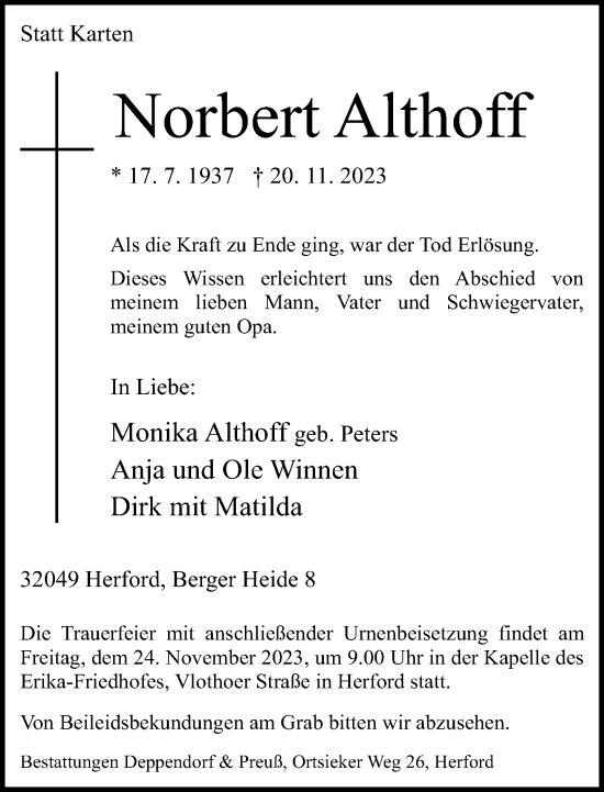 Traueranzeige von Norbert Althoff von Neue Westfälische