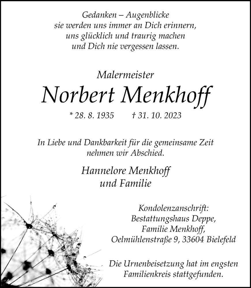  Traueranzeige für Norbert Menkhoff vom 20.11.2023 aus Neue Westfälische