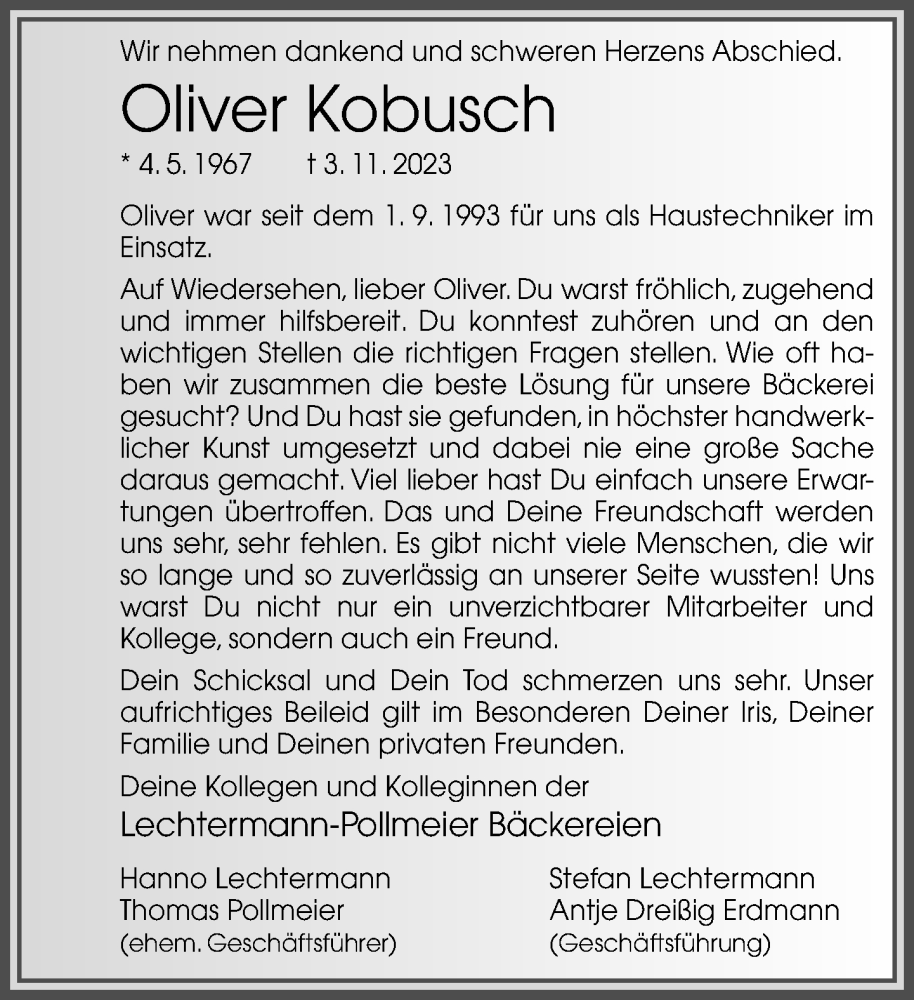  Traueranzeige für Oliver Kobusch vom 11.11.2023 aus Neue Westfälische