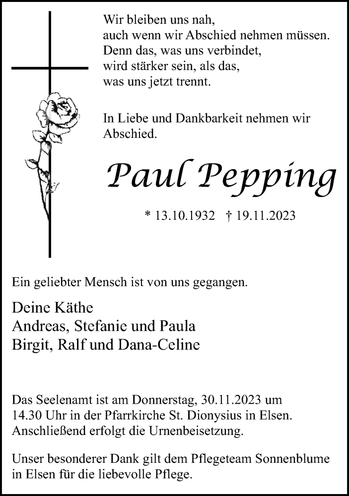  Traueranzeige für Paul Pepping vom 25.11.2023 aus Neue Westfälische