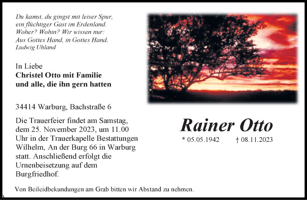  Traueranzeige für Rainer Otto vom 18.11.2023 aus Neue Westfälische