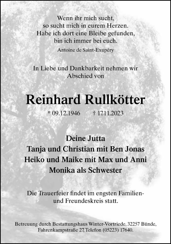  Traueranzeige für Reinhard Rullkötter vom 25.11.2023 aus Neue Westfälische