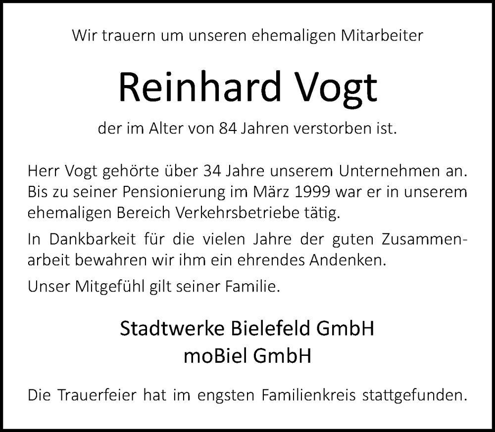  Traueranzeige für Reinhard Vogt vom 28.11.2023 aus Neue Westfälische