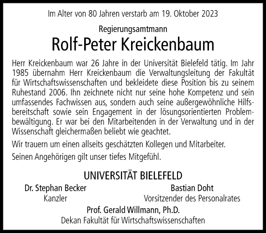 Traueranzeige von Rolf-Peter Kreickenbaum von Neue Westfälische