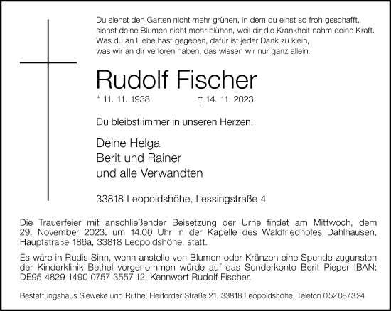Traueranzeige von Rudolf Fischer von Neue Westfälische