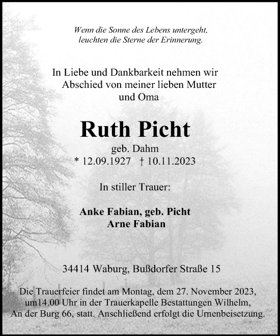 Traueranzeige von Ruth Picht von Neue Westfälische