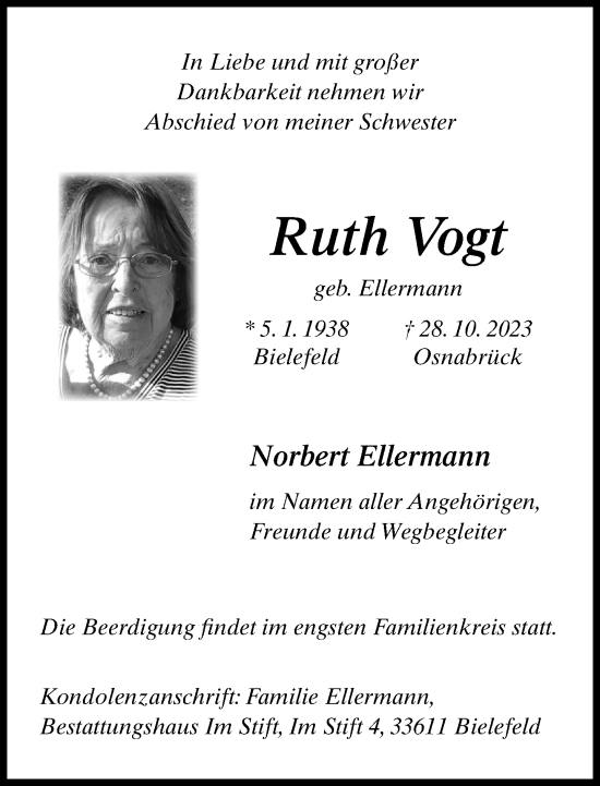 Traueranzeige von Ruth Vogt von Neue Westfälische