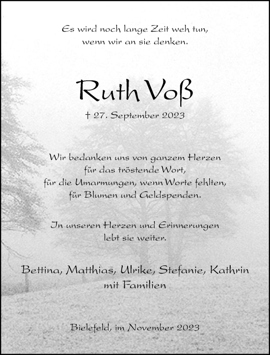 Traueranzeige von Ruth Voß von Neue Westfälische