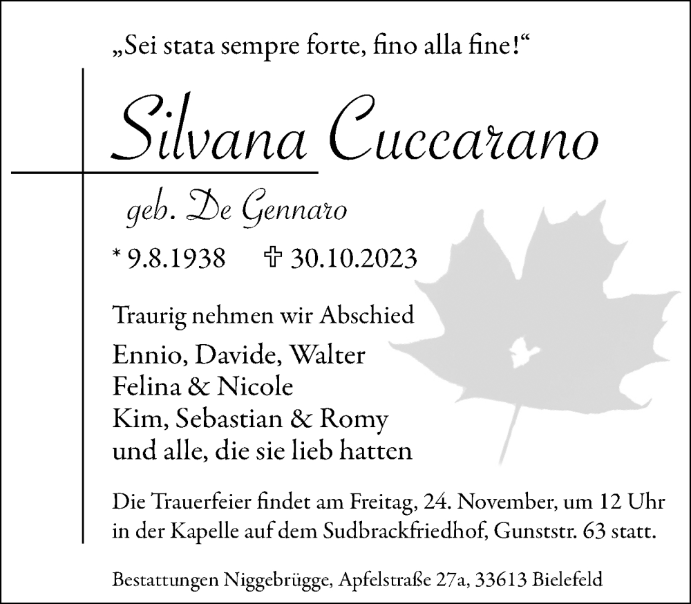  Traueranzeige für Silvana Cuccarano vom 11.11.2023 aus Neue Westfälische