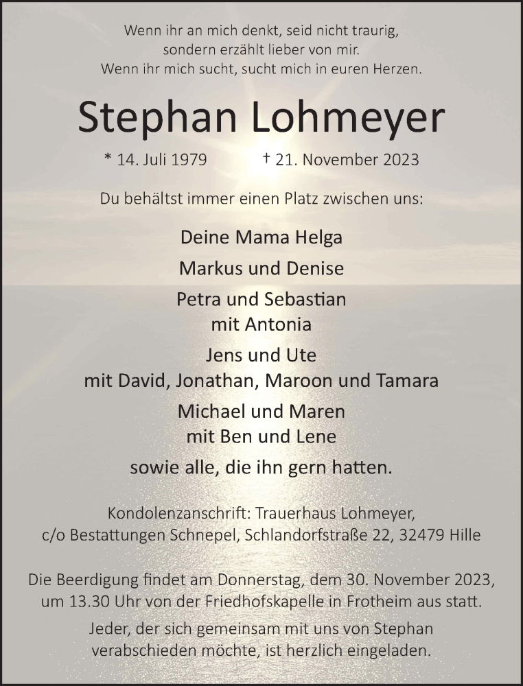  Traueranzeige für Stephan Lohmeyer vom 25.11.2023 aus Neue Westfälische
